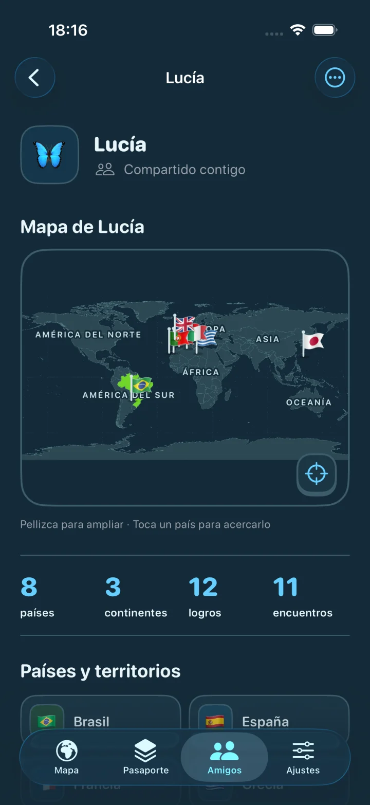 Mapa compartido de una amiga en Hoedex, en modo oscuro