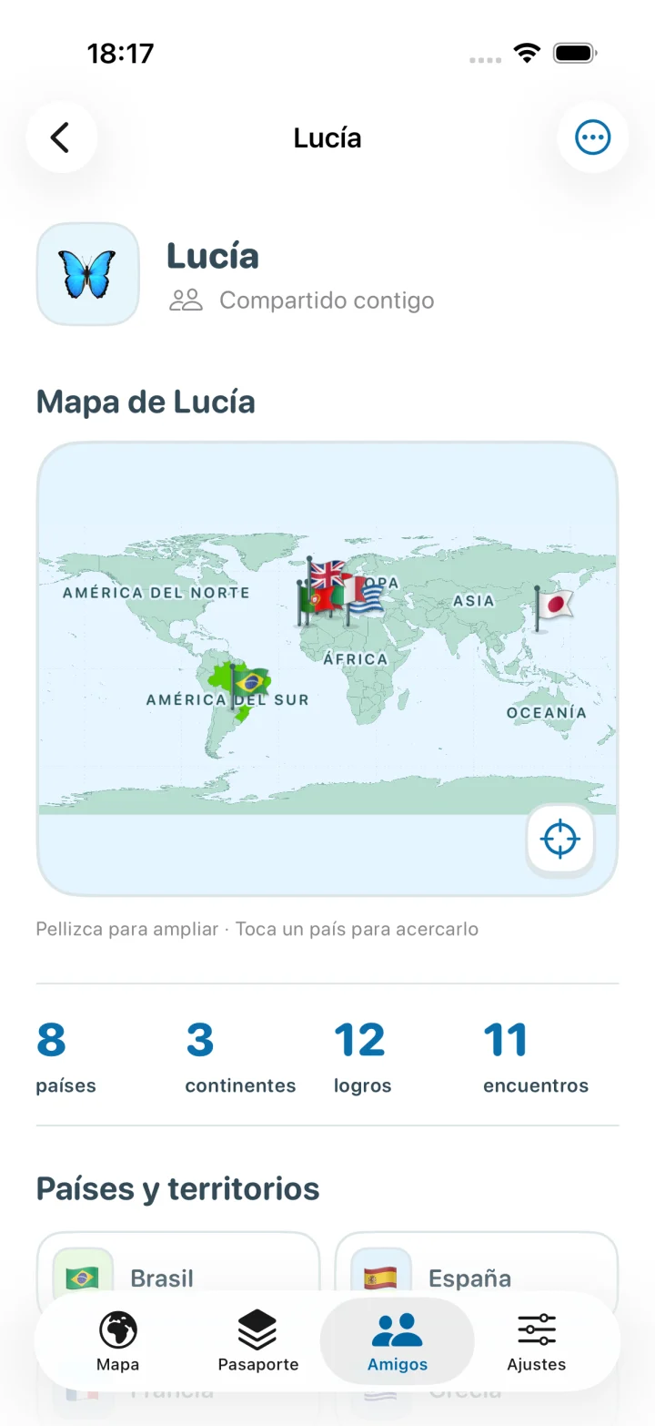 Perfil de ejemplo de Lucía, con su mapa compartido y estadísticas